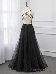 Black V-neckline Tulle and Satin Long Straps Cross Back Prom Dress, Floor Length Evening Dress