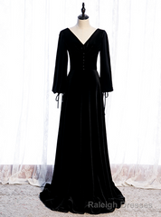 Black Velvet Long Sleeve Button Pleats Prom Dress