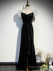 Black Velvet Puff Sleeve Pleats Prom Dress With Split