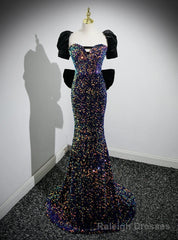 Blue Mermaid Sequins Puff Sleeve Bow Prom Dress