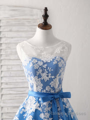 Blue Round Neck Tulle Lace Applique Tea Long Prom Dress, Bridesmaid Dress