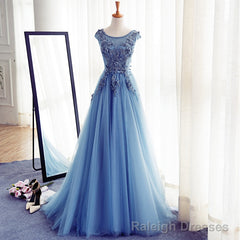 Blue Round Neckline Long Applique Elegant Senior Formal Dress, Long Party Gowns