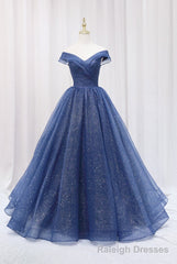 Blue Shiny Tulle Off the Shoulder Prom Dress, Blue V-Neck Evening Dress