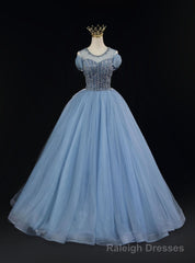 Blue Tulle Backless Beading Bow Prom Dress