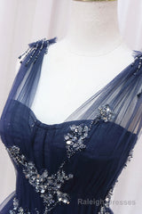 Blue Tulle Beaded Long Prom Dress, Blue A-Line Evening Party Dress