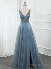 Blue Tulle Deep V-neck Backless Beading Sequins Prom Dress