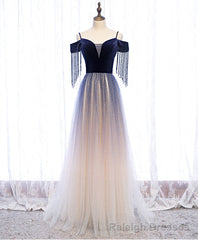 Blue Tulle Long Prom Dress Blue Tulle Formal Dress with Beading Velvet