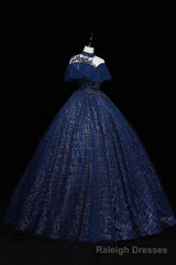 Blue Tulle Long Prom Dress with Sequins, A-Line Blue Formal Dress