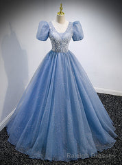 Blue Tulle Sequins V-neck Puff Sleeve Beading Sequins Prom Dress