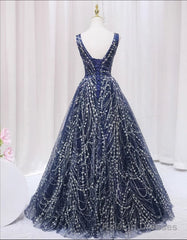 Blue V-neckline Lace Tulle Floor Length Party Dress, Blue Prom Dress Formal Dress
