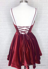 Burgundy V-Neck Velvet Short Prom Dresses, A-Line Party Dresses