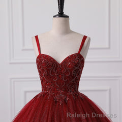 Burgundy Bling Tulle Ball gowns Long Prom Dress with Embroidered Sequins
