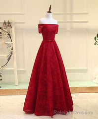Burgundy Line  Lace Long Prom Dress, Burgundy Evening Dress