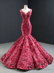 Burgundy Mermaid 3D Appliques Beading Straps Prom Dress