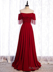 Burgundy Off the Shoulder Tassel Beading Prom Dress
