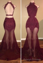 Burgundy Sheer-Tulle Lace-Appliques High-Neck Mermaid Prom Dresses