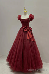 Burgundy Tulle Long A-Line Prom Dress, Lovely Evening Graduation Dress