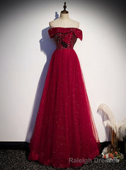 Burgundy Tulle Seuqins Beading Off the Shoulder Prom Dress