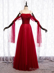 Burgundy Tulle Spaghetti Straps Beading Sequins Prom Dress