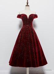 Beautiful Wine Red Tea Length Sweetheart Party Dress, Velvet Bridesmaid Dress, Prom Dress