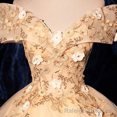 Champagne Tulle Flowers  Off Shoulder Sweet 16 Party Dress, Long Prom Dress, Formal Gown