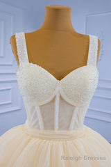 Champagne Tulle Short Prom Dress with Beaded, A-Line Tea Length Party Dress