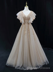 Champagne Tulle V-neck Heavy Beading Prom Dress