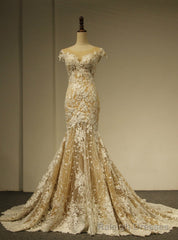 Champange Tulle Mermaid Sequins Lace Appliques Cap Sleeve Wedding Dress