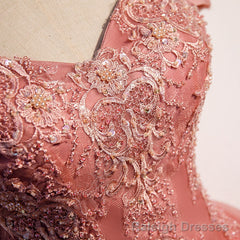 Charming Pink Off Shoulder Lace Applique Sweetheart Party Dress, Pink Prom Dress
