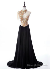 Cheap prom dresses Sexy A-line High Neck Sweep Train Chiffon