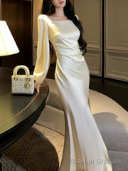 Classy Mermaid Square Neckline Long Sleeves Slit Prom Dresses Evening Gowns