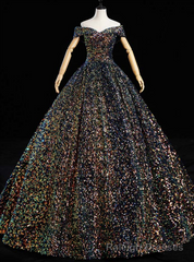 Come In All Styles And Colors Navy Blue Ball Gown Sequins off the Shoulder Quinceanera Dress