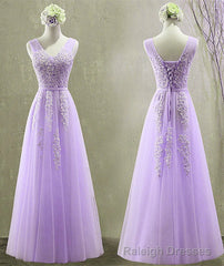 Cute Light Purple Tulle with Lace V-neckline Prom Dress, Long Evening Gown Formal Dress