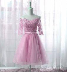 Cute Pink Knee Length Short Sleeves Party Dress, Tulle Prom Dress