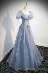 Cute Shiny Tulle Long Prom Dress, A-Line Short Sleeve Evening Party Dress