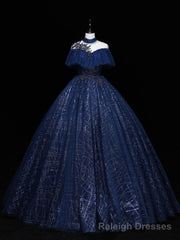 Dark Blue Long Prom Dress, Blue Tulle Formal Gown Graduation Dresses