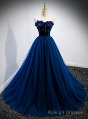 Dark Blue Tulle Velvet Beading Strapless Prom Dress