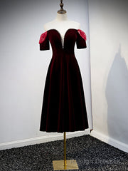 Dark Burgundy Velvet Short Sleeve Tea Length Prom Dress