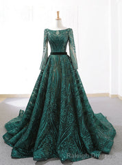 Dark Green Sequins Long Sleeve Backless Prom Dress With Long Train
