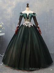 Dark Green Tulle Long Sleeve Off the Shoulder Appliques Quinceanera Dress