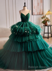Dark Green Tulle Pleats Tiers Quinceanera Dress