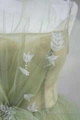 Elegant A Line Open Back Green Tulle Long Prom Dresses, Green Formal Graduation Evening Dresses