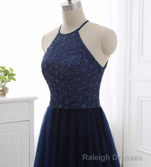 Elegant Navy Blue Halter Beaded Long Evening Dress, Prom Dress