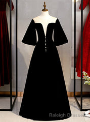 Fancy Black Velvet Horn Sleeve Illusion Prom Dress