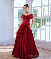 Burgundy satin long prom dress A line evening dress