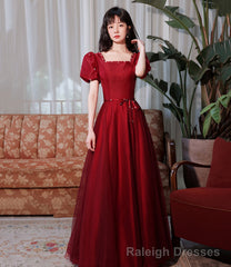 Burgundy satin tulle long prom dress A line evenig dress