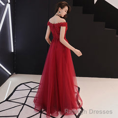 Burgundy lace tulle long prom dress, evening dress