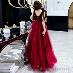 Burgundy velvet tulle long prom dress party dress
