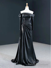 Fit Your Body Type Black Mermaid Satin Off the Shoulder Long Sleeve Beading With Removable Sleeve