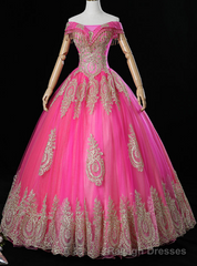 Get Your Discounts Fuchsia Ball Gown Tulle Appliques Beading Off the Shoulder Quinceanera Dress